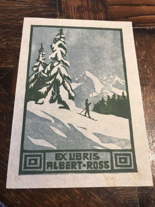 Antique 1913 German Artist Adolf Kunst Ex Libris Woodblock Print Bookplate Skier