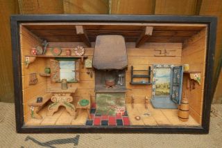 Antique Large Black Forest Wooden Folk Art Diorama Musical Shadow Box Thorens