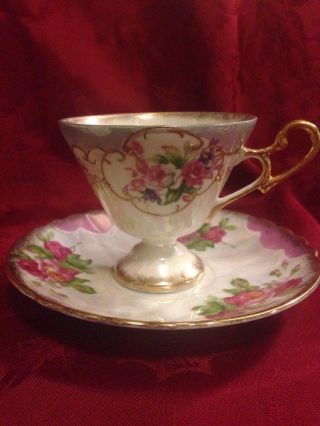 Vintage Luster Porcelain Pedestal Tea Cup And Saucer Roses
