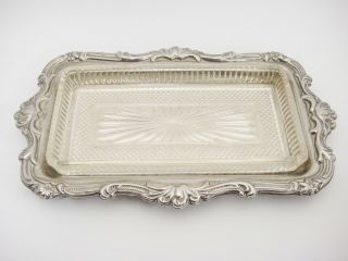 Vintage Silver Plated Butter Dish Tray W Glass Insert Open No Lid Scroll Design