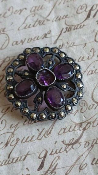 Sweet Antique French Silver Amethyst & Marcasite Hatpin Top C1900