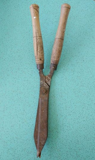 Antique Rusty Hedge Tree Branch Trimmers Clippers Wooden Handles Old Vtg Decor