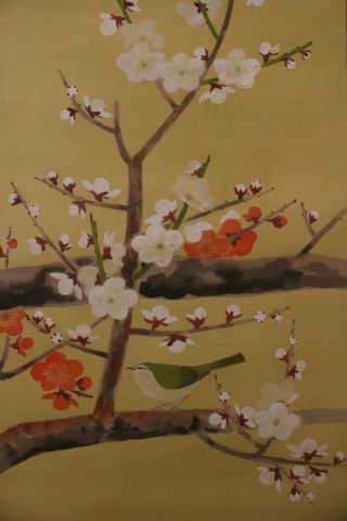 F03r3 White & Red Ume Plum Tree With Bird Japanese Hanging Scroll