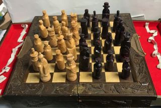 Vintage/antique Wooden Hand Carved Asian Chess Set 1940 