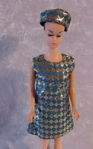 Vintage Mod Barbie Doll Clone Shillman Hk Silver & Blue Metallic Dress & Hat
