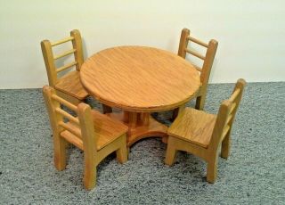 Vintage Hand Made Wood Doll House Furniture Table And Chairs Set