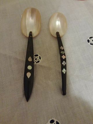 Vintage/antique Mother Of Pearl And Wood Caviar Spoon Set Of 2