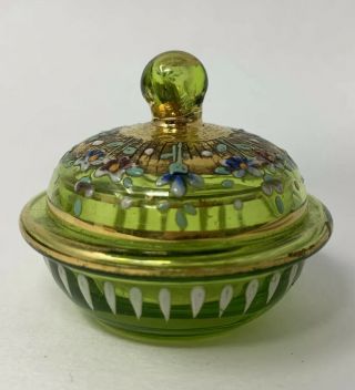 Antique Bohemian Green Art Glass Trinket Patch Box Enamel