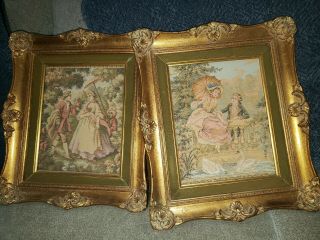 Antique Set Of 2 French Silk Work Embroidery Tapestry,  In Frame