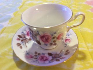 Queen Anne Footed Teacup And Saucer Pink Roses Gold Trim Vintage England