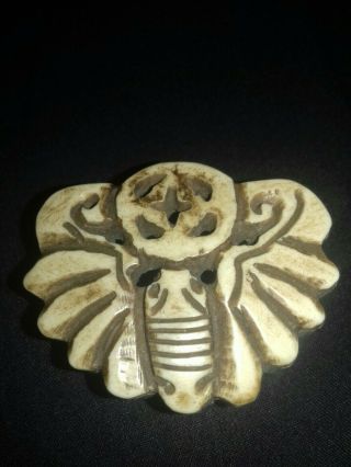 Rare Collectable Chinese Yak Bone Hand Carved Bat & Coin Pendant Netsuke Amulet