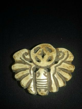 Rare Collectable Chinese yak Bone Hand Carved Bat & Coin Pendant Netsuke Amulet 3