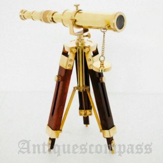 Nautical Brass Telescope With Wooden Tripod Stand Collectible Antique Desk Decor