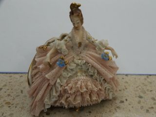 Vintage Dresden? German Porcelain Lace Dress Lady On Settee Figure