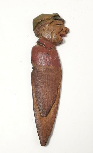 Figural Carved Wood Bookmark Man Wooden Book Marker Old Folk Art Vtg Primitive