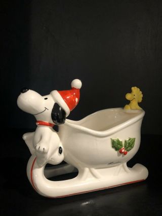 Rare Vintage Peanuts Ceramic Planter Santa Snoopy & Woodstock Christmas Sleigh