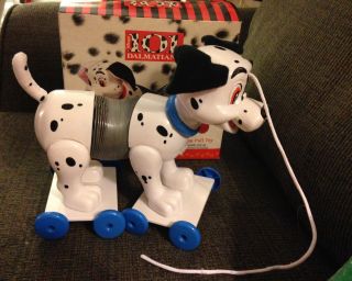 Rare Vintage James Industries Slinky Dog Dalmatian Pull Toy Blue S27