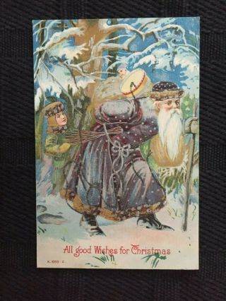 Aa X.  659 - 2 Antique Christmas Postcard - Blue Coat Santa W/ Bag Of Toys