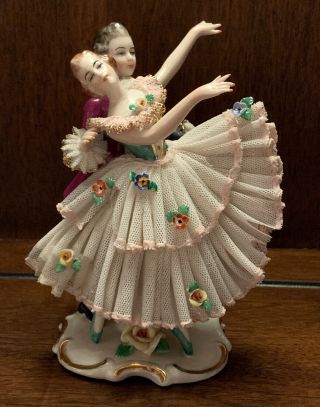 Antique Germany Dresden Lace Figurine Couple Dancing 5.  5”