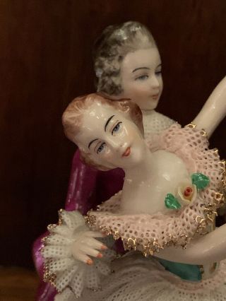 ANTIQUE GERMANY DRESDEN LACE FIGURINE COUPLE DANCING 5.  5” 2
