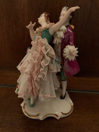 ANTIQUE GERMANY DRESDEN LACE FIGURINE COUPLE DANCING 5.  5” 3