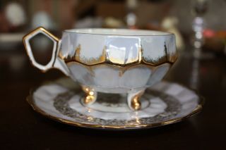 Antique Royal Halsey Very Fine Lavender Teacup And Saucer Gold Trim 3 Legged