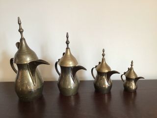 4 VINTAGE ENGRAVED BRASS DALLAH MIDDLE EASTERN ARABIC COFFEE POTS Indian Brass 2