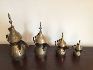 4 VINTAGE ENGRAVED BRASS DALLAH MIDDLE EASTERN ARABIC COFFEE POTS Indian Brass 3