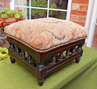 Edwardian Oak Footstool With Turned Spindle Gallery,  Ideal For Re - Covering