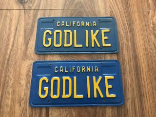 Rare 1970’s California Vanity License Plate Pair God Like Hot Rod