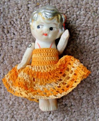 Vintage Porcelain Doll Japan " Side Glance " Jointed Arms & Sundress 2 - 3/4 "