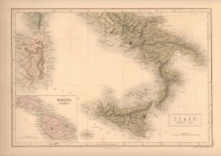 1850 Antique Map - Italy South,  Sicily,  Malta And Dependencies