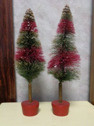 Pair Vintage 10 " Red & Green Bottle Brush Christmas Trees Rare