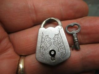 Rare Cond Ornate Old Miniature Padlock Lock W/key.  Made Of Silver.  N/r