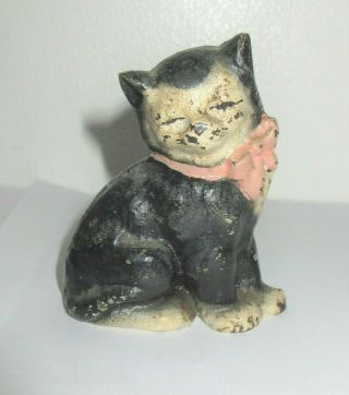Antique Vtg Cast Iron Cat Kitten Paperweight Figurine Black White Pink Bow 3 "