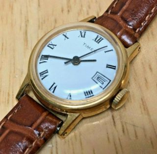 Vintage Timex Lady Gold Tone White Roman Hand - Winding Mechanical Watch Hour Date