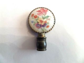 Antique Round Handpainted? Floral Porcelain And Brass Lamp Finial