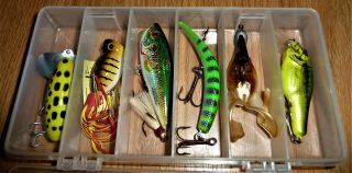 6 Bass Fishing Lures In A Plastic Box