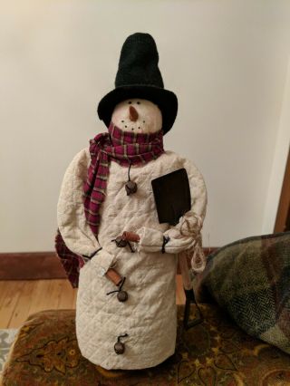 Primitive Christmas Hand Made Folk Art Snowman Rag Doll -