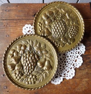 Vintage Or Antique Brass Wall Pockets (2) Matching Pair Pineapple Grape Fruit