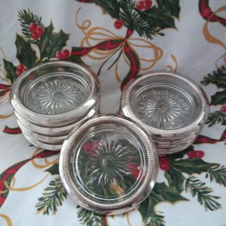 Set Of 8 Cut Glass Crystal Silver Plate Drink Coasters