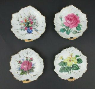 Set Of 4 Antique Nasco Leaf Floral Tea Bag Rest Dish Gilded Japan Porcelain