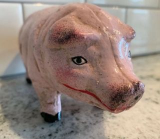 Vintage Antique Cast Iron Coin Bank Figurine Pink,  Black Pig 6” Long,  3” Tall