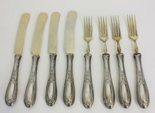 Marked.  800 Silver Forks And Knives With Gold Wash (8) European Flatware