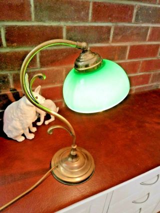 French Art Deco Style Brass Adjustable Table Desk Lamp With Green Glass Shade