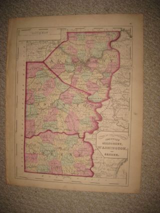 Antique 1872 Allegheny Washnington Greene County Pittsburg Pennsylvania Map Rare