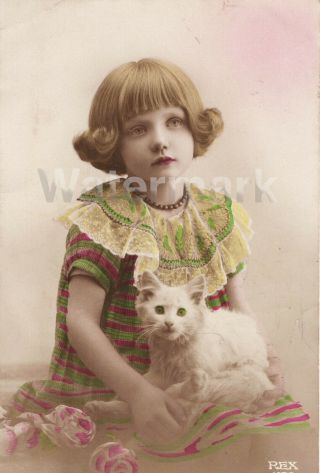 Antique Real Photo Postcard Of Girl In Cat With Green Eyes Lace Dress