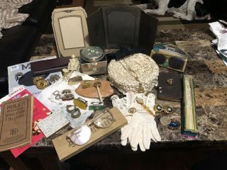 Antique / Vintage Ladies Junk Drawer Gloves,  Hankies,  Jewelry,  Hat,  Nylons Etc