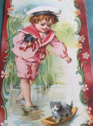Antique Advertising Bookmark Estey Organ Piano Co.  Victorian Boy Cat