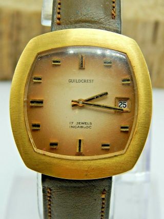 Vintage Plaque G10 Gold Plated Guildcrest 17 Jewel Incabloc Date Watch Swiss